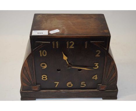 Art Deco style oak cased mantel clock with Sunburst decoration
