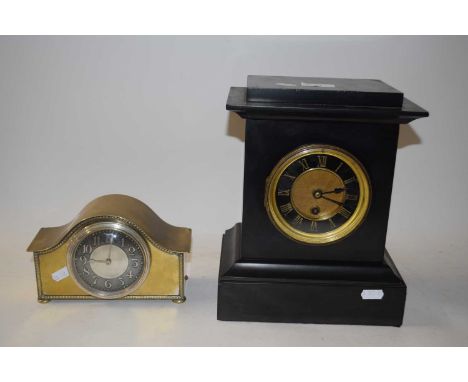 Victorian black slate cased mantel clock together with a small early 20th Century brass cased (formerly silver plated) mantel