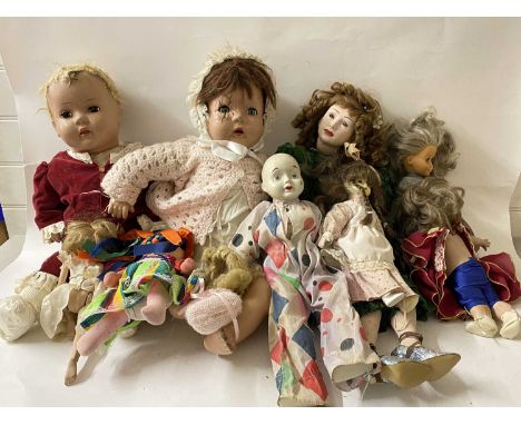 Box of various vintage dolls to include composition and porcelain headed examples