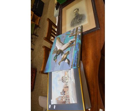 Mixed Lot: Oil on canvas study of ducks, framed vintage photograph of a military figure and a framed study of Kings Lynn Cust