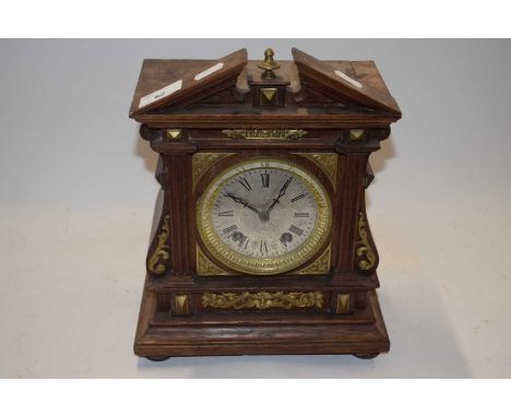 Late 19th Century mantel clock with oak and brass mounted architectural case