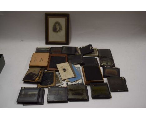 Box of glass photographic slides, vintage photographs and other items