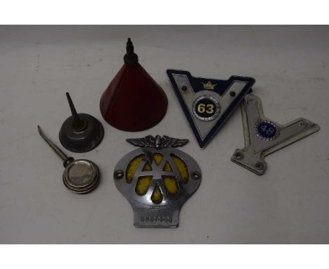 Box of vintage AA badge, car mascots etc