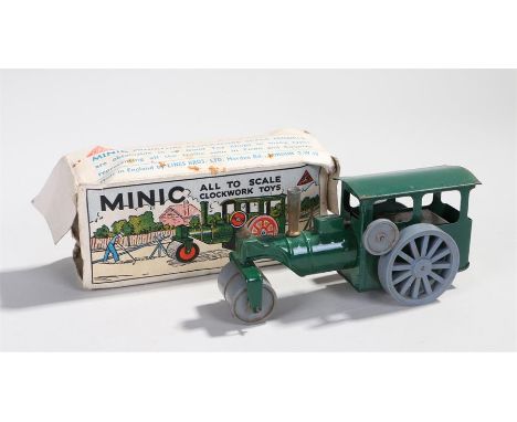 Tri-ang Minic tinplate clockwork steam roller, in green, grey wheels, boxed