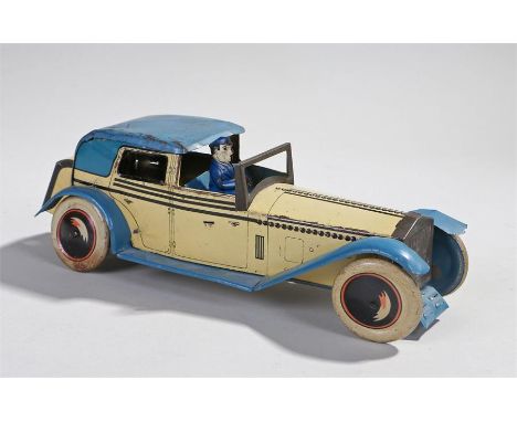 Tin plate toy car, the car in blue and white, British made