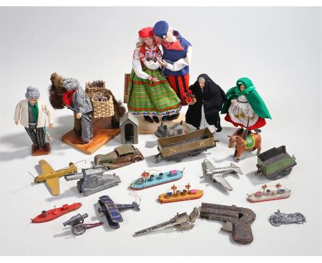 Collection of toys to include a Minic clock work car, in green, with rust, together with a clockwork tinplate figure, a horse