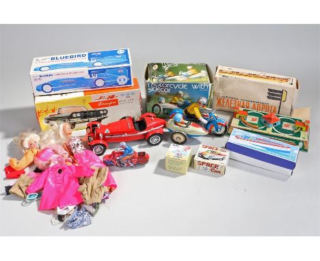 Collection of toys, to include Shanghai open car battery powered, Barbie dolls and accessories, Space Car, Tin Speedboat, Rus