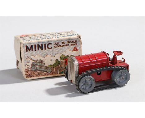 Tri-ang Minic tinplate clockwork tractor, the red tractor on rubber track, boxed