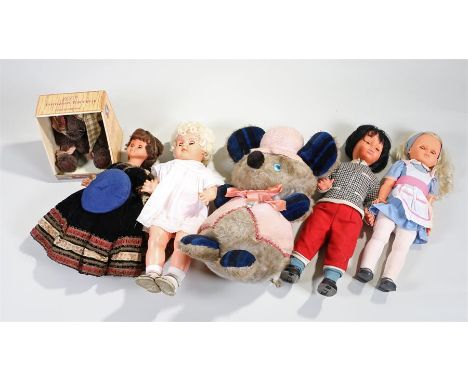 Dolls and a stuffed toy, to include a Chad Valley 100th Anniversary Teddy Bear, boxed, a doll dressed in traditional dress, t