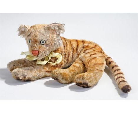 Steiff Tiger, with a striped body and yellow ribbon, 31cm long
