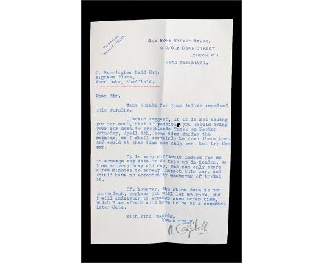 Malcolm Campbell signed letter, the typed letter dated 25th March 1931 requesting the test of a car at Brooklands race track,
