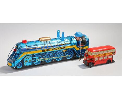 Chad Valley tin plate toy bus, London Transport in red, together with a battery powered Blue Mountain tinplate train, (2)