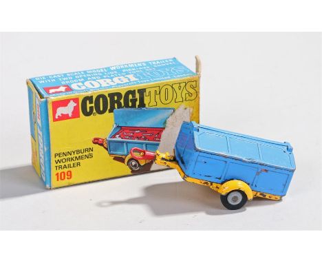 Corgi Toys 109 Pennyburn workmen's trailer, with brush and tools inside the blue trailer, boxed