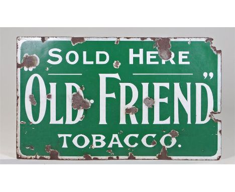 Old Friend enamel sign, the green ground with the text Sold Here, Old Friend Tobacco, 76cm x 46cm