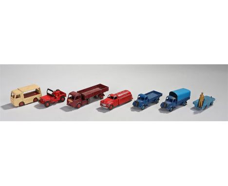 9 Dinky commercial vehicles including: Mobilgas lorry, Austin wagon 30S (x2), NCB electric van Express Dairy, Hindle Smart He