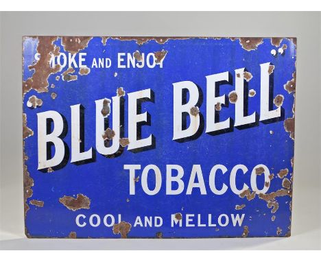 Blue Bell enamel sign, the blue ground with the text Smoke and Enjoy Blue Bell Tobacco, Cool and Mellow, 102cm x 77cm