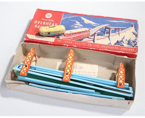 Chad Valley tinplate clockwork toy, Overhead Railway, with a cream clockwork car, blue track and red supports, boxed