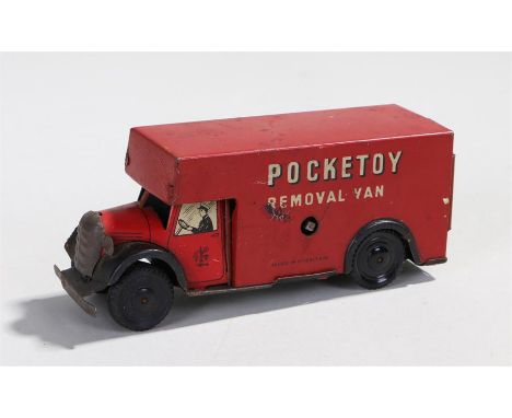 Brimtoy Pocketoy tin plate clockwork removal van, in red with opening rear doors, 11cm long