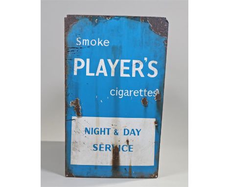 Players enamel sing, the blue ground with the text Smoke Players Cigarettes, Night & Day Service, 76cm x 44cm