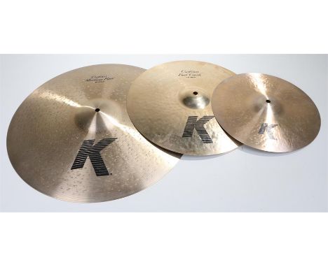 Zildjian, K Custom 20" medium ride, 15" fast crash, 12" dark splash cymbals. (3)