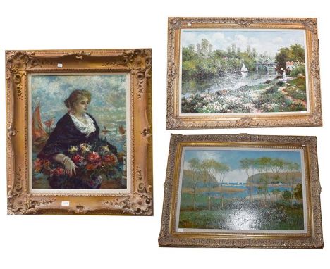 E. Gabrini, Contemporary portrait of a lady in the impressionist style, oil on canvas together with two impressionist style l