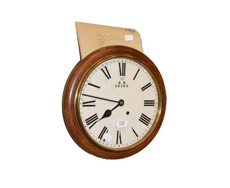 A 19th century eight day railway wall mounting timepiece in mahogany case, with painted 12'' dial signed (s), B. R., 20369