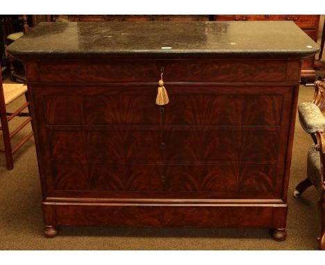 A mid 19th century mahogany marble-topped commode chest, 130cm by 57cm by 97cm 