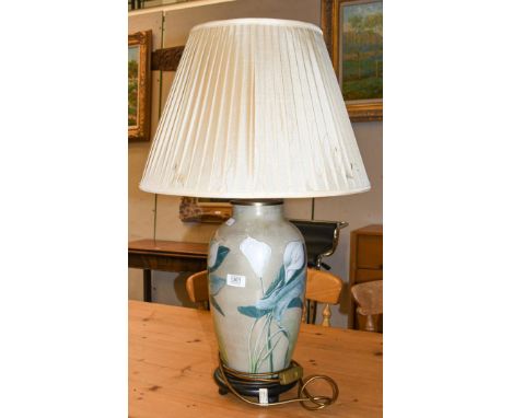 A large reverse decorated glass table lamp, gold ground and with flowers, 47cm to fitting