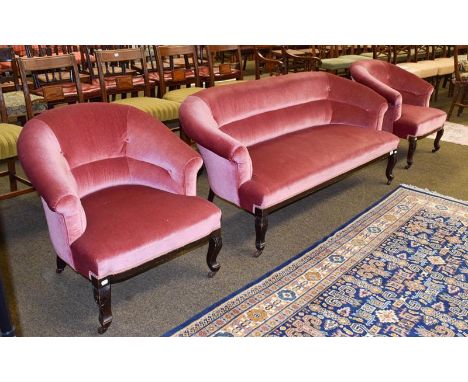 A Edwardian mahogany framed three-part parlour suite, upholstered in blush pink velvet comprising and two seater sofa 159cm b