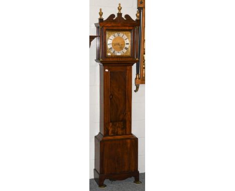 A mahogany eight day longcase clock, 11'' square brass dial with silvered chapter ring signed bearing a later inscription, Ma