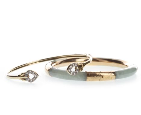 GREEN HARDSTONE BANGLE, with overlaid gold decoration, marked 375, 22.3g, along with a gem set loveheart bangle, of torque fo