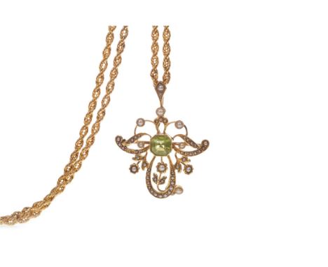 AMENDMENT: THE CHAIN IS MARKED 15, THE CLASP IS MARKED 9K. PERIDOT AND SEED PEARL PENDANT, of openwork form, with central ste