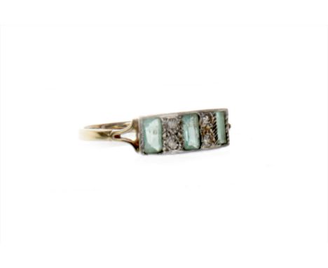 GREEN GEM SET AND DIAMOND RING, the three step cut green gems interspaced by pairs of diamonds totalling approximately 0.08 c
