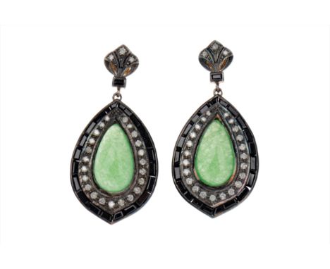 PAIR OF JADE, ONYX AND DIAMOND EARRINGS, the cabochon pear shaped sections of jade surrounded by round brilliant cut diamonds