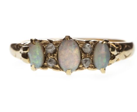 OPAL AND DIAMOND RING, set with three cabochon opals interspaced by rose cut diamonds, marked 18ct, size N, 3.6g Please read 