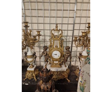 BREVETTATO ITALIAN ANTIQUE 1970S CHERUB MANTLE CLOCK WITH GARNIATURE (ROCOCO STYLE) 60CMS (H) APPROX
