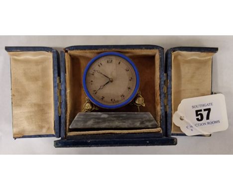 ART DECO ENAMELLED DESK CLOCK IN BOX ON MARBLE BASE A/F - WORKING - 6 CMS (H) APPROX