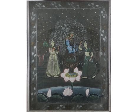 Early 20th century Indian school, Krishna Standing on a Lotus Playing his Flute, flanked by two Gopis in a forest night, goua