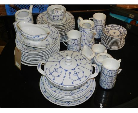 A 20th century German blue and white part dinner service, including tea & coffee pots, tureen, serving bowl and various plate