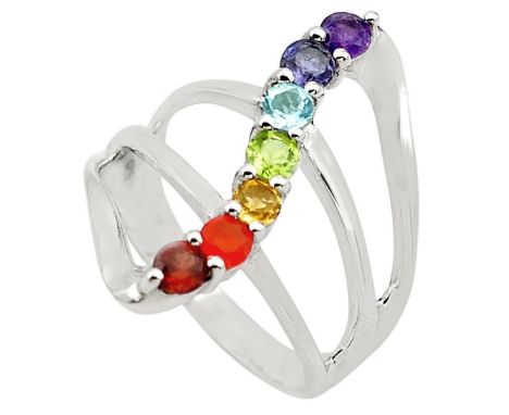 A 925 silver rainbow ring set with amethyst, iolite, topaz, peridot, citrine, fire opal and garnet, (L.5).