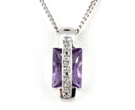 A  9ct white gold amethyst and diamond set pendant and chain, L. 1.5cm.