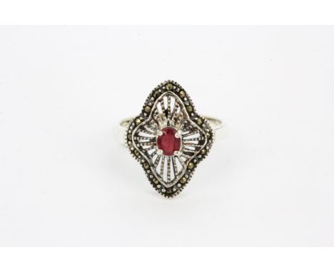 A 925 silver and marcasite ruby set ring, (P).