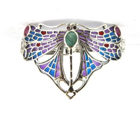 An Art Nouveau style 925 silver and enamel bangle set with oval cut emerald, rubies and sapphires, Dia. 5.5cm.