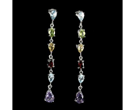 A pair of 925 silver drop earrings set with blue topaz, garnet, peridot, citrine and amethyst, L. 6cm.