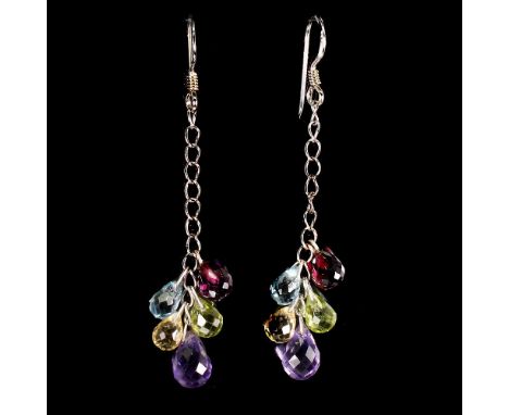 A 925 silver drop earrings set with briolette cut amethyst, topaz, citrine, garnet and peridot, L. 5.5cm.