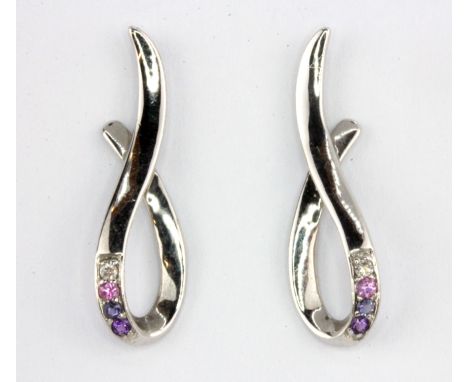 A pair of 9ct white gold earrings set with diamond, tourmaline, tanzanite and amethyst, L. 2.8cm.