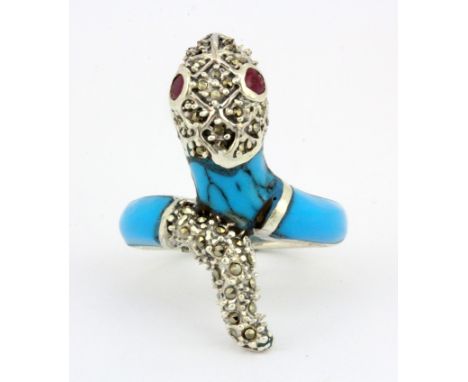A 925 silver and marcasite enamelled snake shaped ring set with ruby eyes, (N).