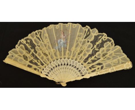 An early 20th century folding fan in the 18th century style with composite pierced carved guards and sticks, mother of pearl 