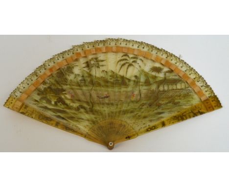 A 19th century Chinese horn brise fan with mother of pearl edged rivet, a painted scene of figures by a riverside and in a bo