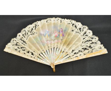 A late Victorian folding fan in the 18th century style, with plain mother of pearl guards and sticks, with pierced bone slips